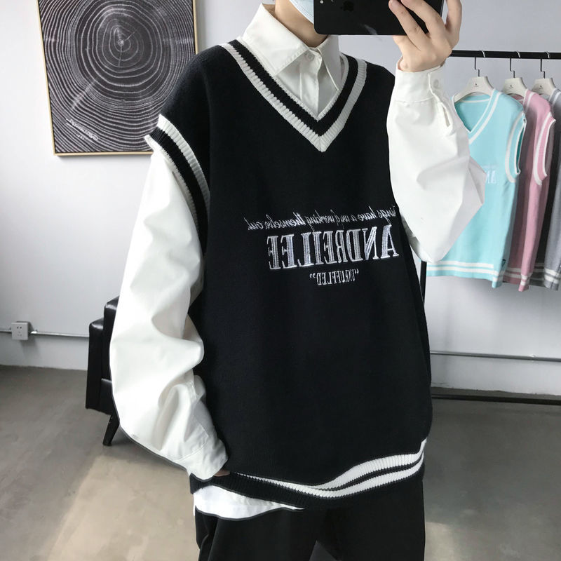 Bonsir Fashion V-neck Plush College Style Mens Vintage Knitted Vest Trend Harajuku Hip Hop Casual Loose Black Couple Knitted Sweater