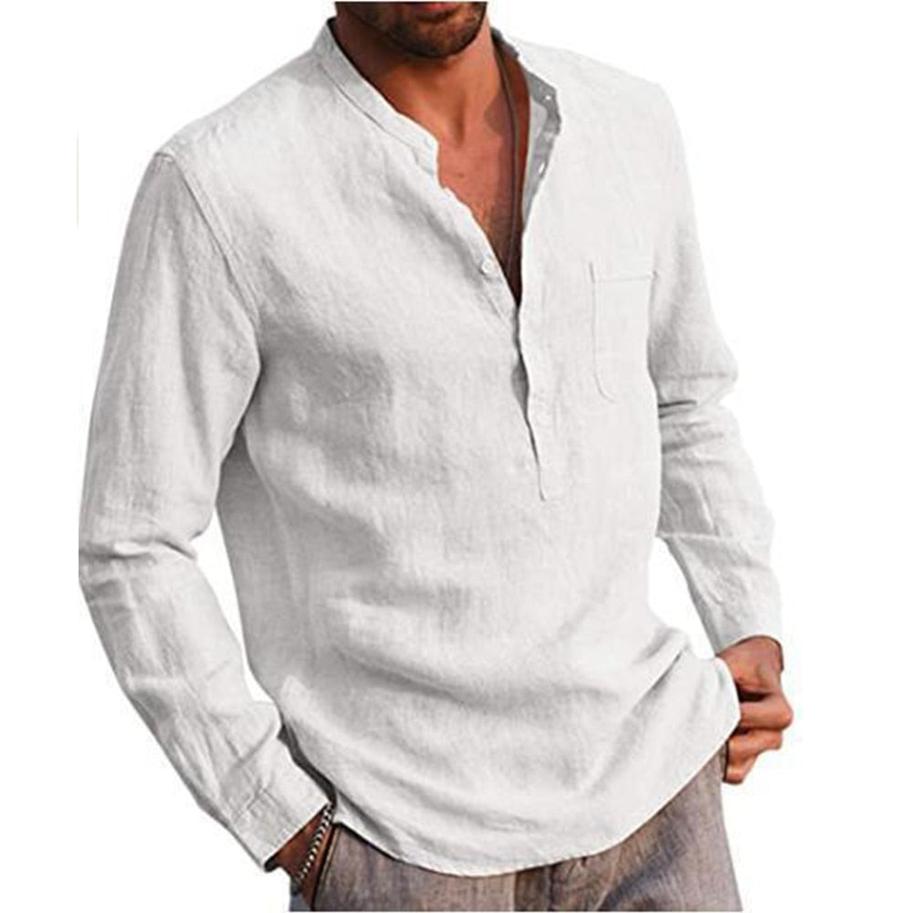 Bonsir Cotton Linen Hot Sale Men's Long-Sleeved Shirts Summer Solid Color  Stand-Up Collar Casual Beach Style Plus Size