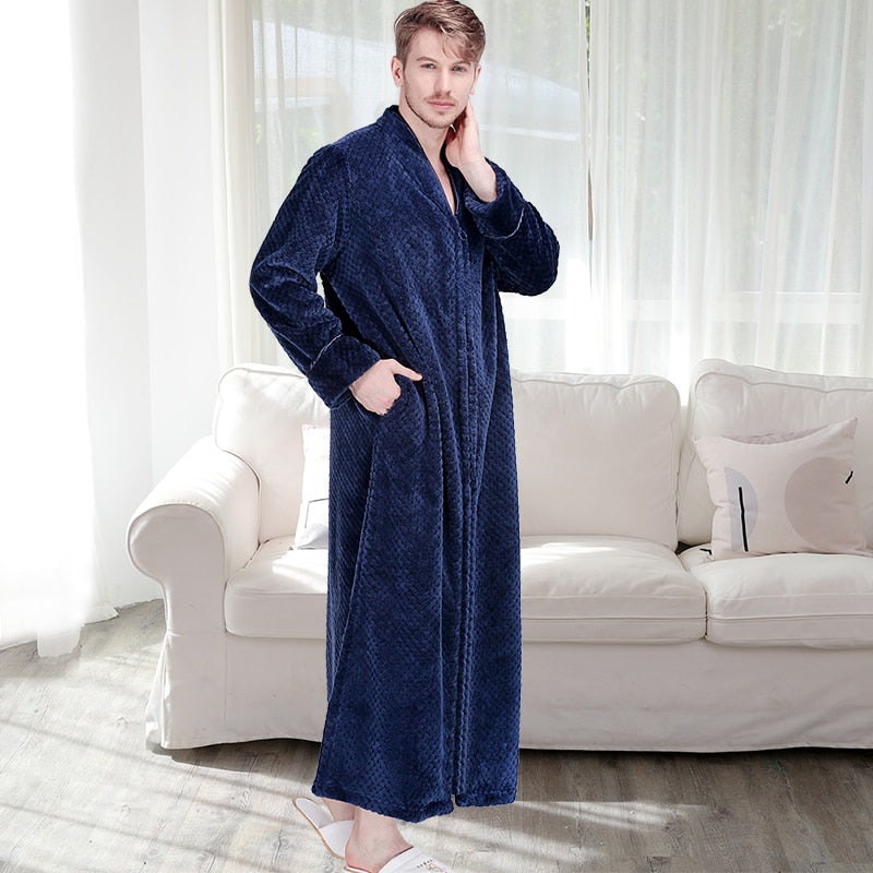 Bonsir Men Winter Plus Size Long Warm Coral Fleece Bathrobe Hooded Cozy Flannel Zipper Bath Robe Night Dressing Gown Women Sleepwear