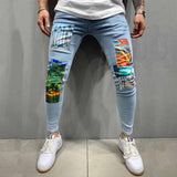 Bonsir New Fashion Mens Jeans Stretch Skinny Patchwork Cartoons Printed Black Jean Men Streetwear Denim Punk Pants Vaqueros Hombre
