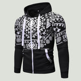 Bonsir Men's Fleece Jacket Ethnic Printed Zip Up Hoodie New Fashion Casual Hooded Jacket Coat For Man Black Hoodie Sweatshirt Male
