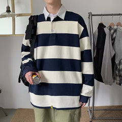 Bonsir Spring Autumn Men Striped Lapel T-shirt Trend Polo Collar Loose Long-sleeved Tshirts Ins All-match Pullover Tees British Gentle