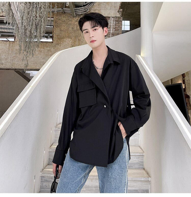 Bonsir Korean Style Men's Solid Color Long Sleeve Ribbon Shirts White/black Irregular Shirts Camisa Masculina Streetwear Clothes