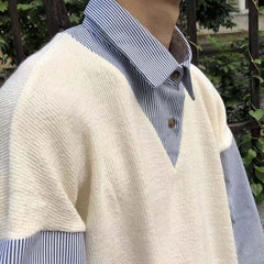 Bonsir Men's Fake Two Clothes Pullover Lapel Collar Knitting BF Korean Style Coats Top Student Sweaters Fashion Trend Outerwear