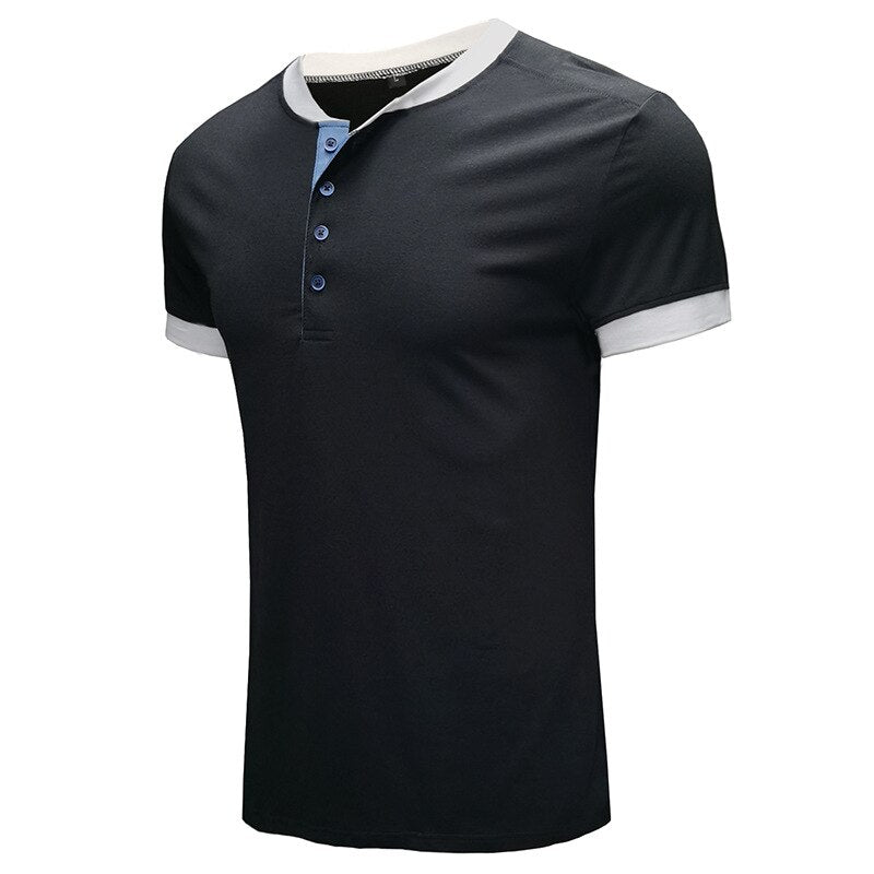 Bonsir Summer Men T-Shirt Henry Collar Cotton Fashion Youth Slim Fit Daily Short Sleeve Sport Golf Casual Color Patchwork Tees