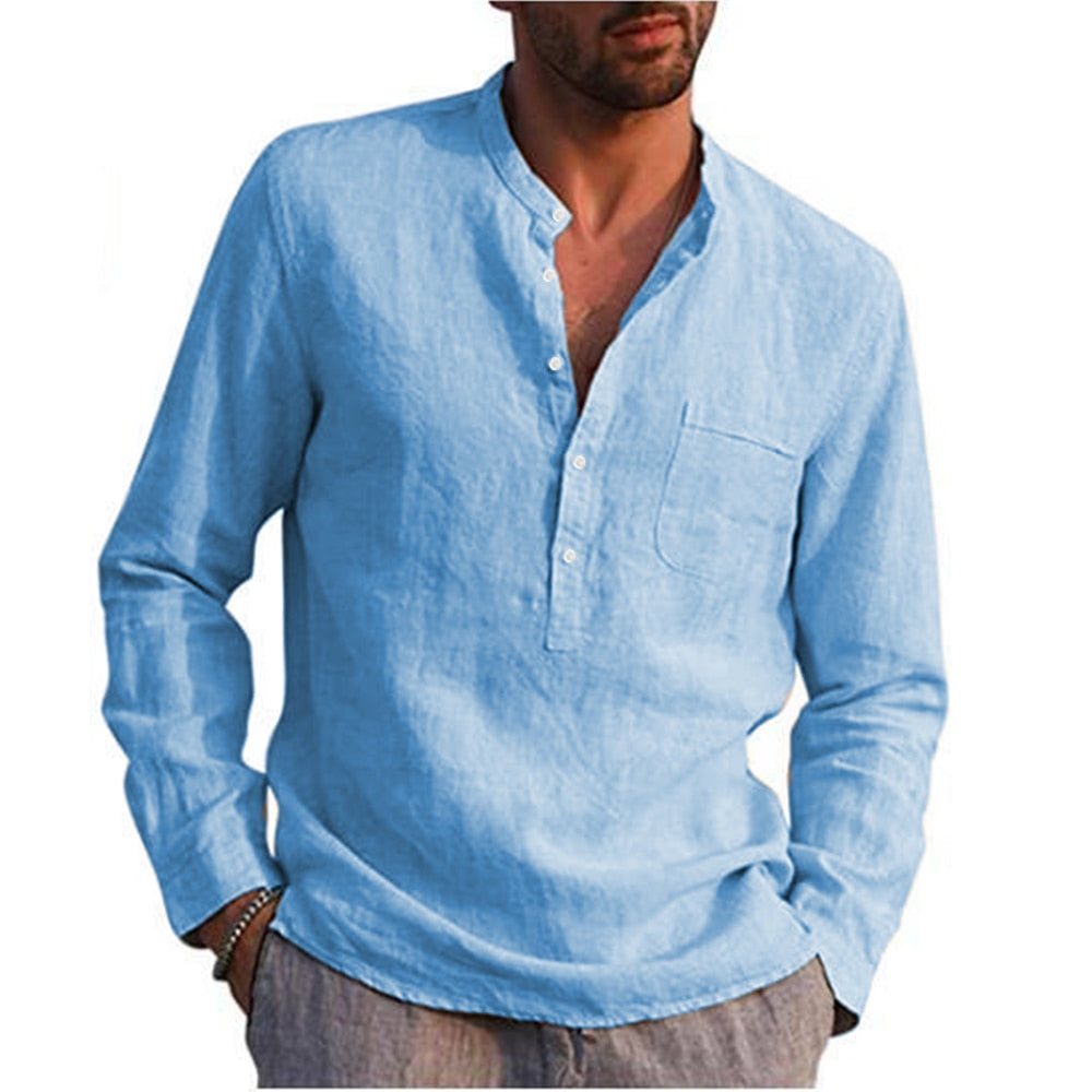 Bonsir Cotton Linen Hot Sale Men's Long-Sleeved Shirts Summer Solid Color  Stand-Up Collar Casual Beach Style Plus Size