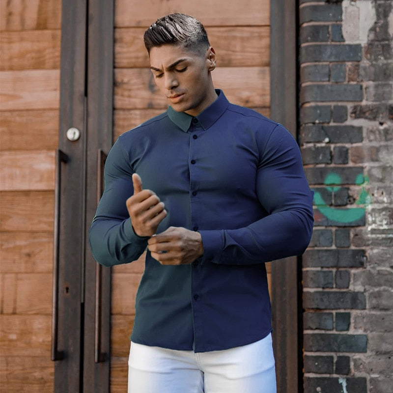 Bonsir  Men Fashion Casual long Sleeve Solid Shirt Super Slim Fit Male Social Business Dress Shirt Brand Men Fitness Sports Clothing