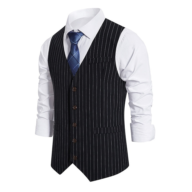 Bonsir Autumn New Men's Business Casual Stripe Single Breasted Vest Men's Suit Vintage Vest