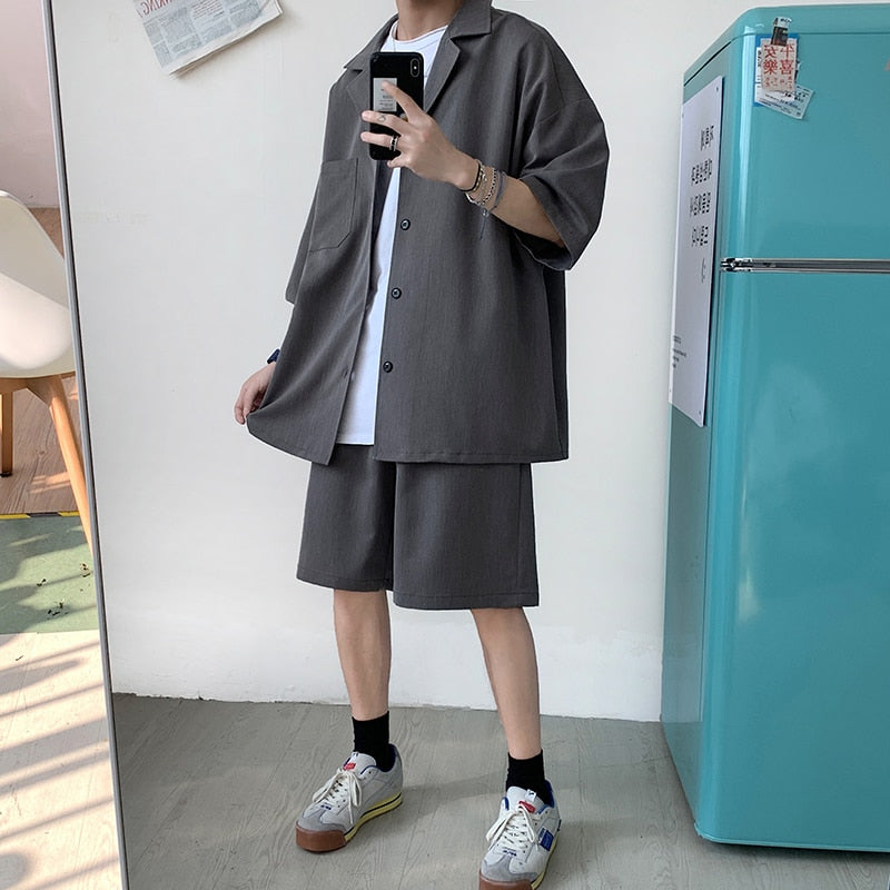 Bonsir Korean Style Men&#39;s Set Suit Jacket and Shorts Solid Thin Short Sleeve Top Matching Bottoms Summer Fashion Oversized Clothing Man