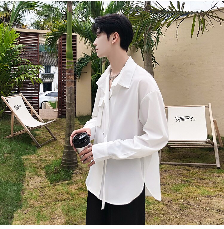 Bonsir Korean Style Men's Solid Color Long Sleeve Ribbon Shirts White/black Irregular Shirts Camisa Masculina Streetwear Clothes