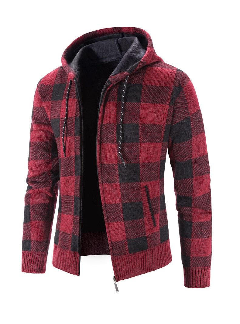 Bonsir Men's Hooded Plaid Printed Long Sleeve Sweater Autumn Winter Plush Large Casual Cardigan Coat