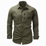 Bonsir Men's Long Sleeve Shirt Lapel Zipper Shirt Cotton Army Outdoor Casual Large Size Army Green Embroidery Shirt Male