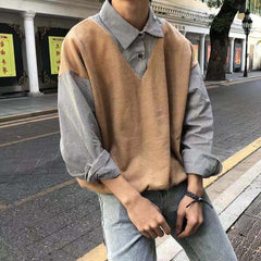 Bonsir Men's Fake Two Clothes Pullover Lapel Collar Knitting BF Korean Style Coats Top Student Sweaters Fashion Trend Outerwear