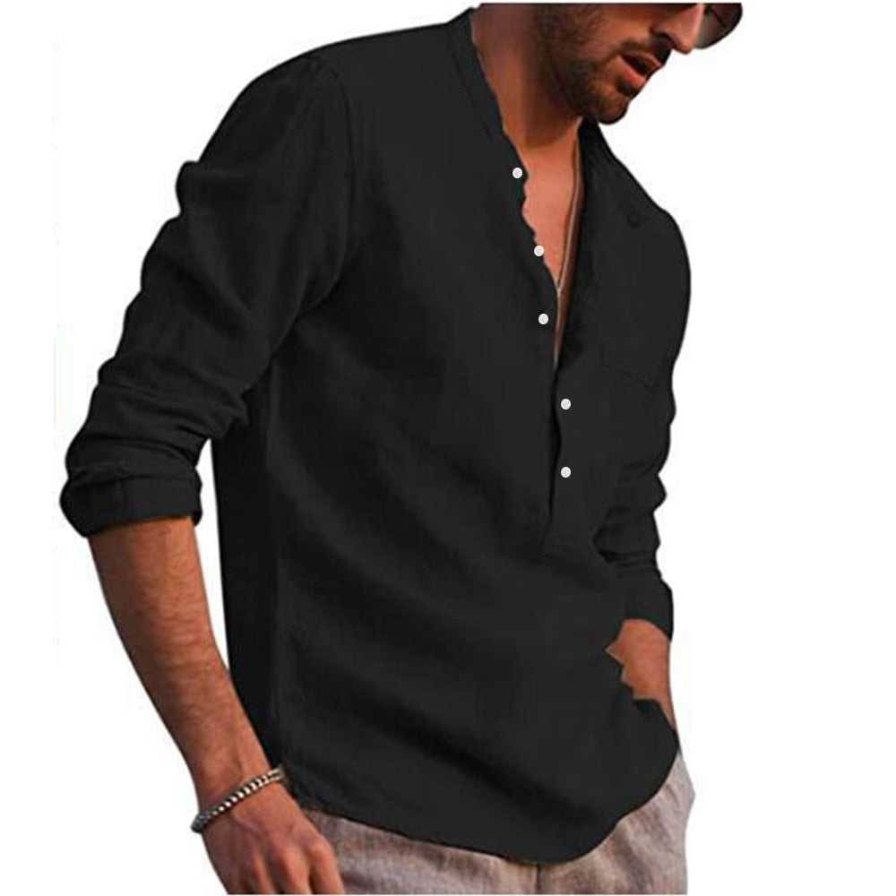 Bonsir Cotton Linen Hot Sale Men's Long-Sleeved Shirts Summer Solid Color  Stand-Up Collar Casual Beach Style Plus Size