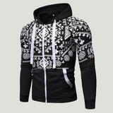 Bonsir Men's Fleece Jacket Ethnic Printed Zip Up Hoodie New Fashion Casual Hooded Jacket Coat For Man Black Hoodie Sweatshirt Male