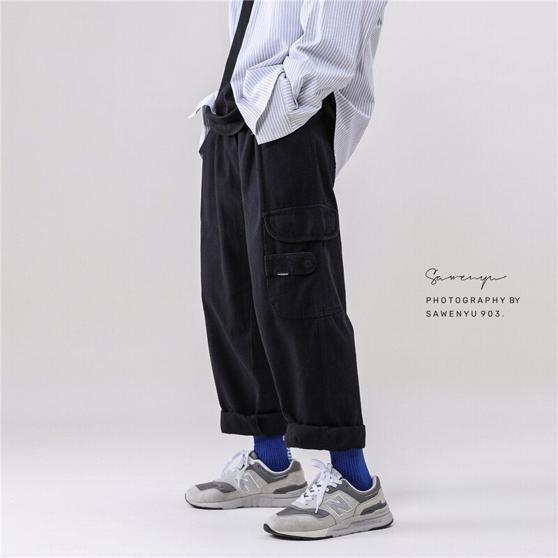 Bonsir Japan Style Men Cargo Pants Male Straight Casual Loose Joggers Autumn Winter Hip Hop Mopping Trousers Streetwear All-match Pants