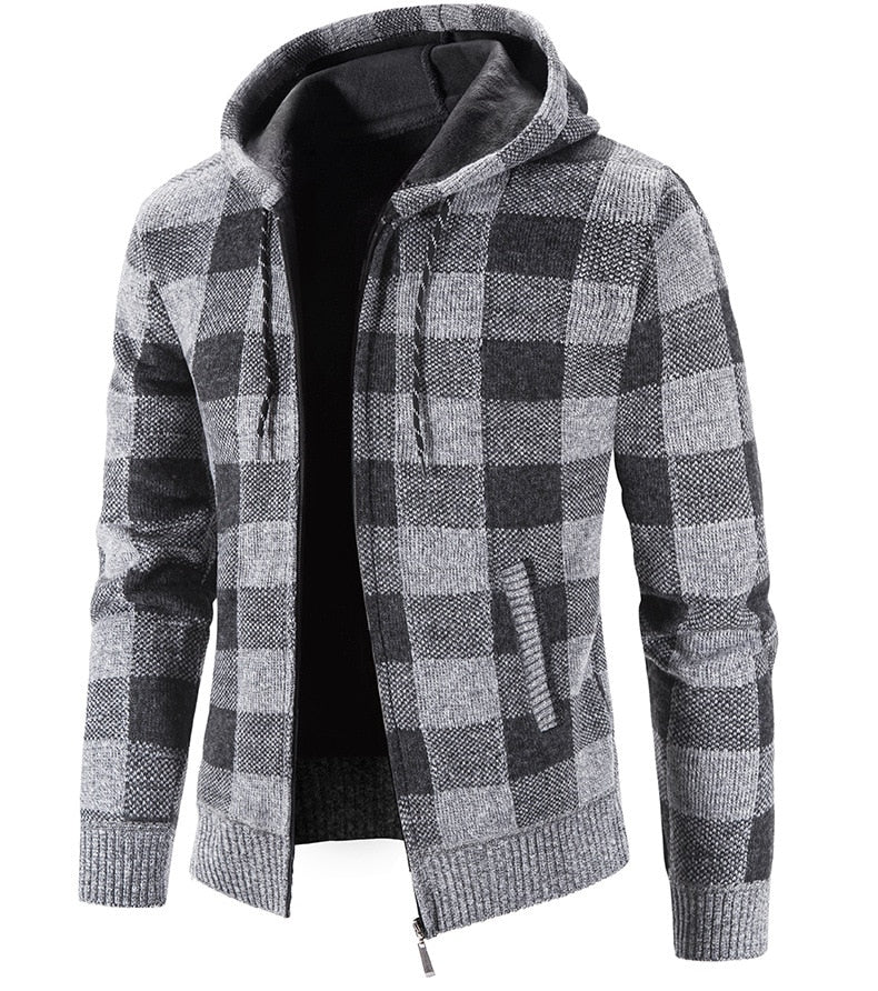 Bonsir Men's Hooded Plaid Printed Long Sleeve Sweater Autumn Winter Plush Large Casual Cardigan Coat