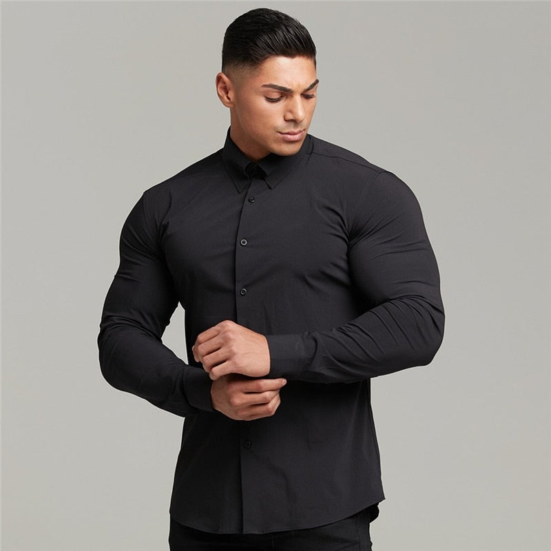 Bonsir  Men Fashion Casual long Sleeve Solid Shirt Super Slim Fit Male Social Business Dress Shirt Brand Men Fitness Sports Clothing