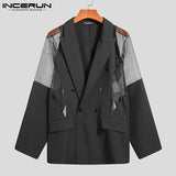 Bonsir Men Blazer Mesh Patchwork See Through Streetwear Double Breasted Lapel Long Sleeve Outerwear Fashion Men Casual Suits INCERUN