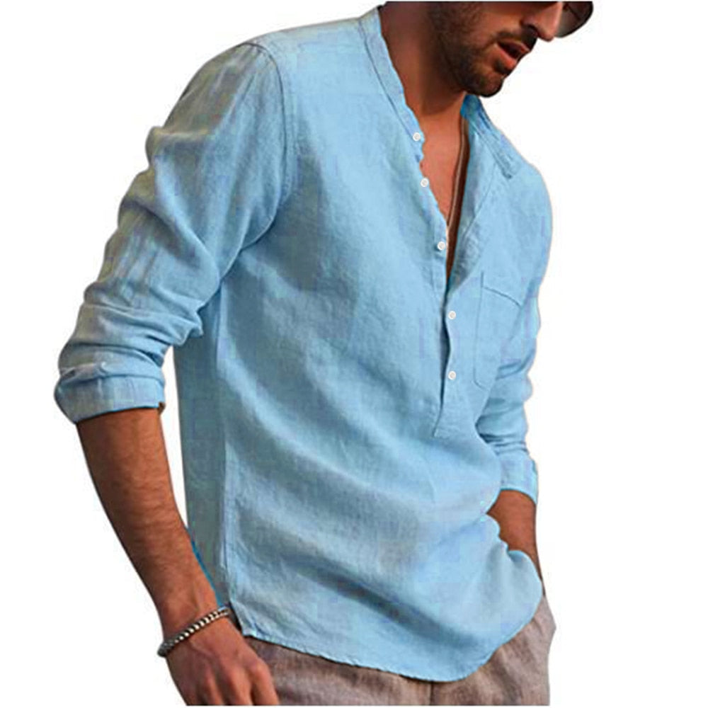 Bonsir Cotton Linen Hot Sale Men's Long-Sleeved Shirts Summer Solid Color  Stand-Up Collar Casual Beach Style Plus Size