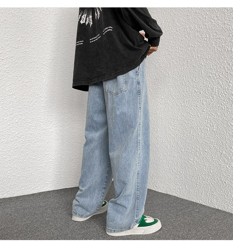 Bonsir Korean Fashion Men Wide Leg Jeans Spring Autumn New Streetwear Straight Baggy Denim Pants Male Elastic Waist Trousers 5XL-M