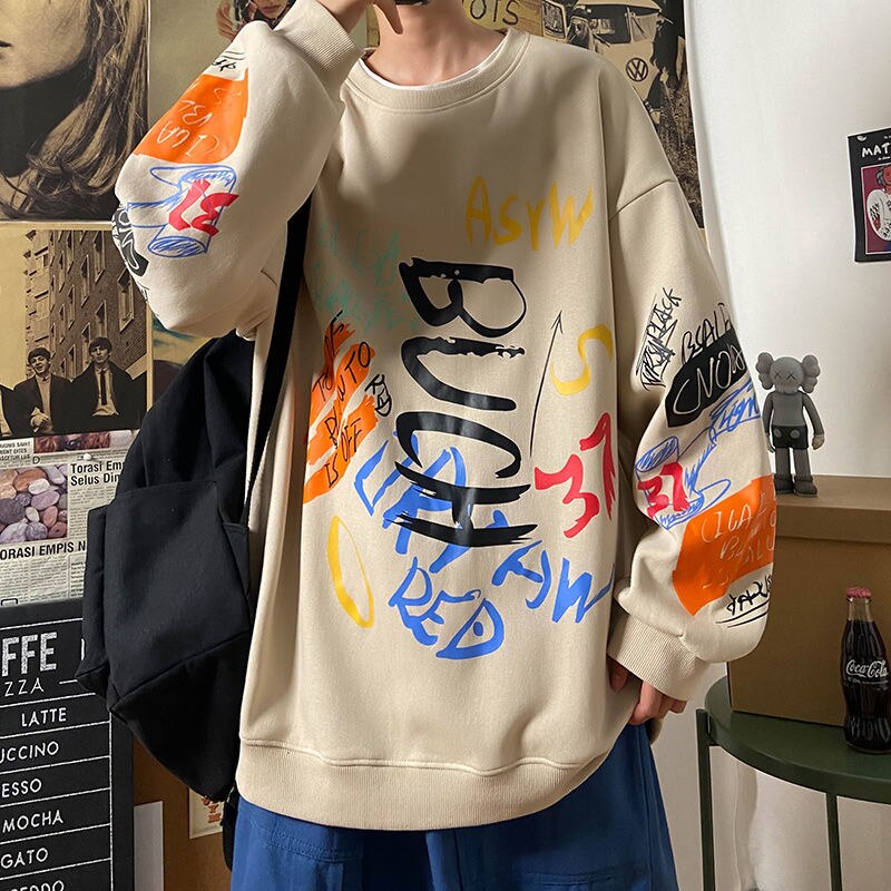 Bonsir Letter Graffiti Loose Men Sweatshirts Fashion Korean Clothing Designer Brand Male Hoodies Spring Autumn Pullovers