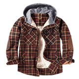 Bonsir US Size Plaid Print Hooded Coats Winter Casual Velvet Thickened Warm Men Shirt Cotton Loose Jacket Long Sleeve Shirts Plus Size