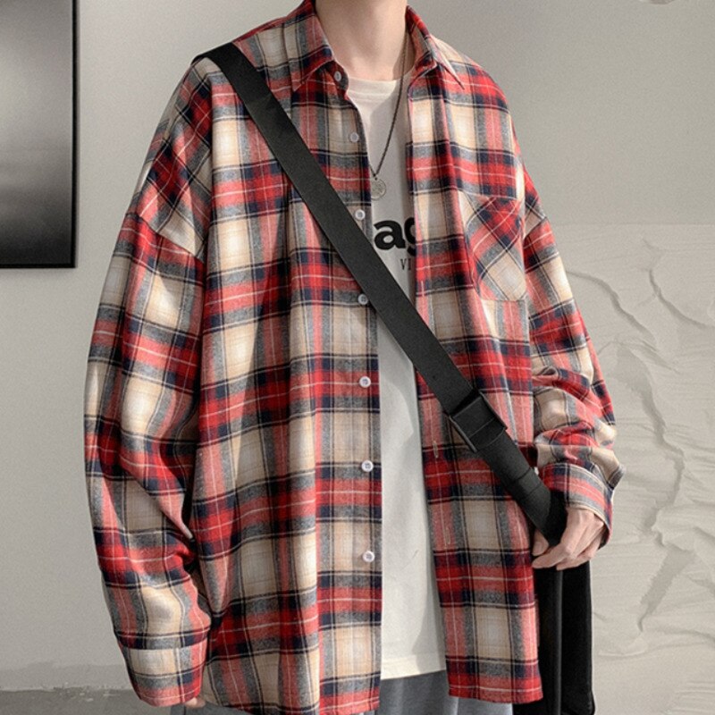 Bonsir  Spring And Autumn Plaid Shirt Men's Fashion Retro Casual Shirt Men Streetwear Korean Loose Long-sleeved Shirts Mens M-XL