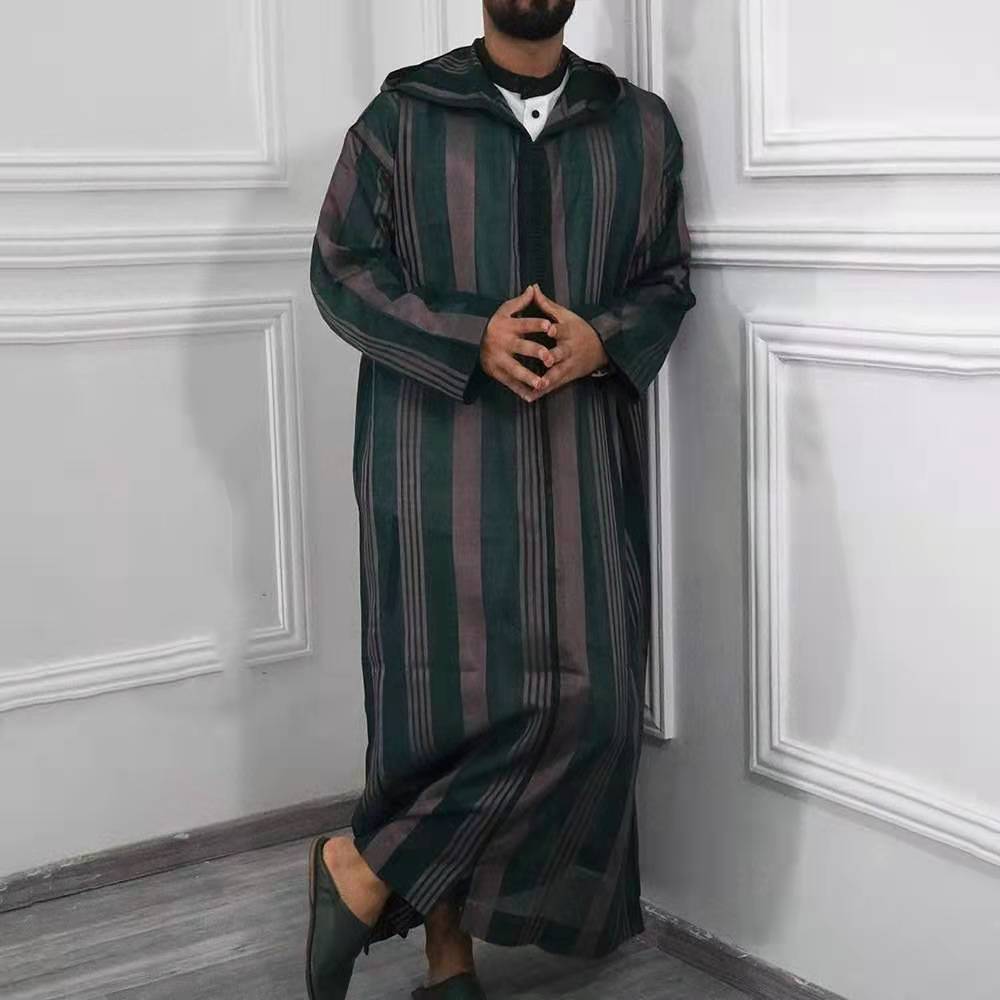 Bonsir Spring Ethnic Style Men's Clothes Autumn Vintage Men Striped Robes Islamic Clothes Long Sleeve Saudi Arabia Muslim Hoodie Robes