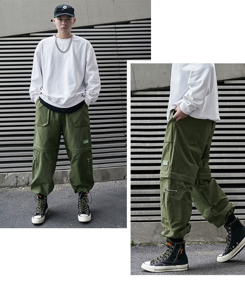 Bonsir Casual Pants Men's  Spring Trousers Japanese Loose Straight Out of Leg Cuff Functional Cargo Pants Zipper Unloading Shorts