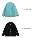 Bonsir Men Cargo Corduroy Jacket Vintage Loose Casual Couple Heart Graphic Button Candy Color Handsome Pleated Streetwear Coat