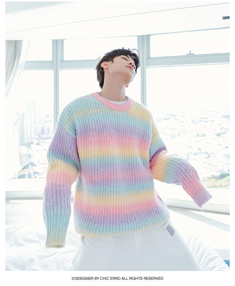 Bonsir Korean Fashion High Quality Gradient Tie-dye Loose Rainbow Sweater Men Autumn  New Casual Loose Striped Harajuku Sweater