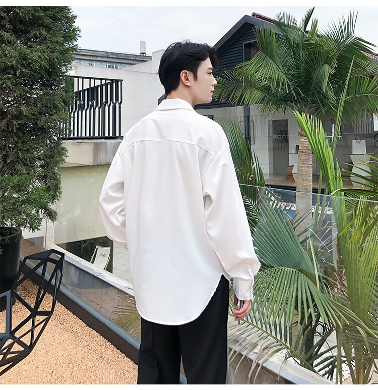 Bonsir Korean Style Men's Solid Color Long Sleeve Ribbon Shirts White/black Irregular Shirts Camisa Masculina Streetwear Clothes