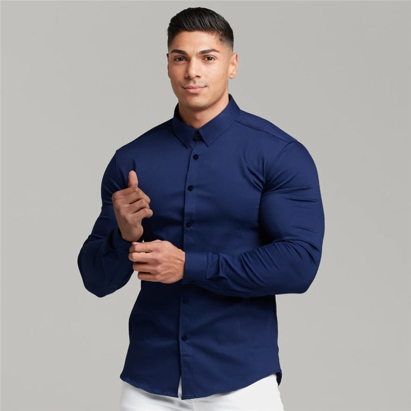 Bonsir  Men Fashion Casual long Sleeve Solid Shirt Super Slim Fit Male Social Business Dress Shirt Brand Men Fitness Sports Clothing