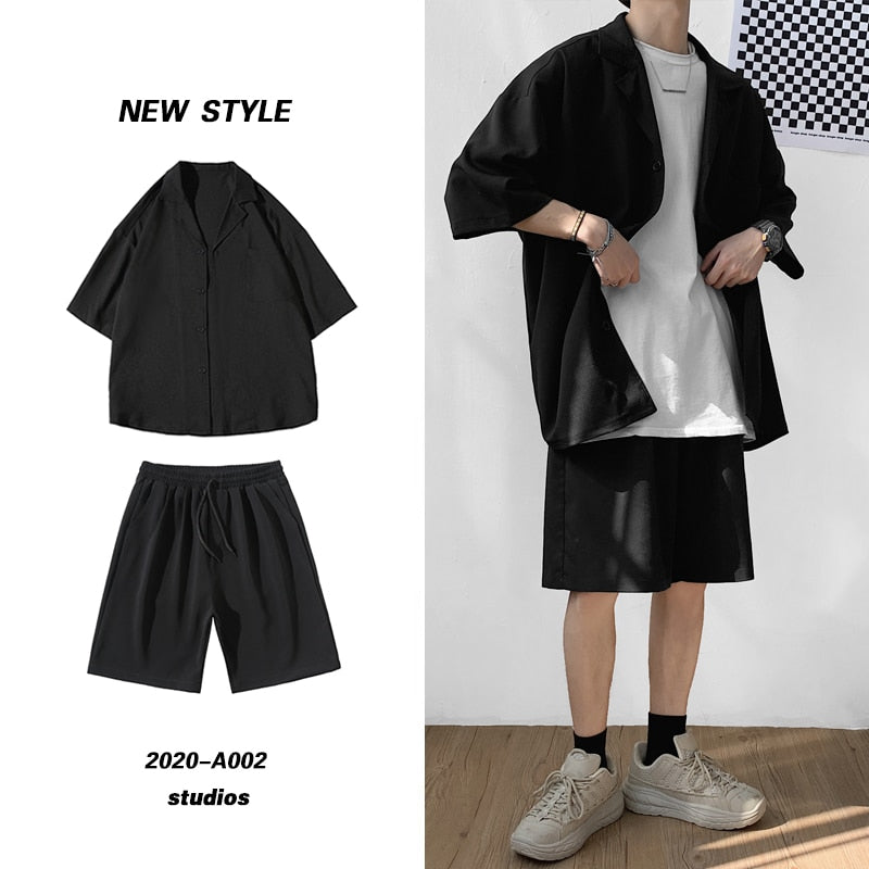 Bonsir Korean Style Men&#39;s Set Suit Jacket and Shorts Solid Thin Short Sleeve Top Matching Bottoms Summer Fashion Oversized Clothing Man