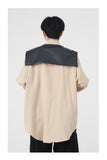 Bonsir Men Splice Leather Vest Oversize Streetwear Fashion Loose Casual Long Sleeve Shirt Net Celebrity Stage Show Clothing Male Shirts