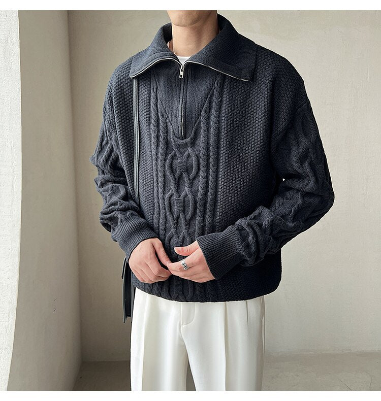 Bonsir High Quality Large Lapel Pullover Sweater Black White Coarse Zipper Knitted Sweater For Men Pull Homme Men Winter Sweater Brand