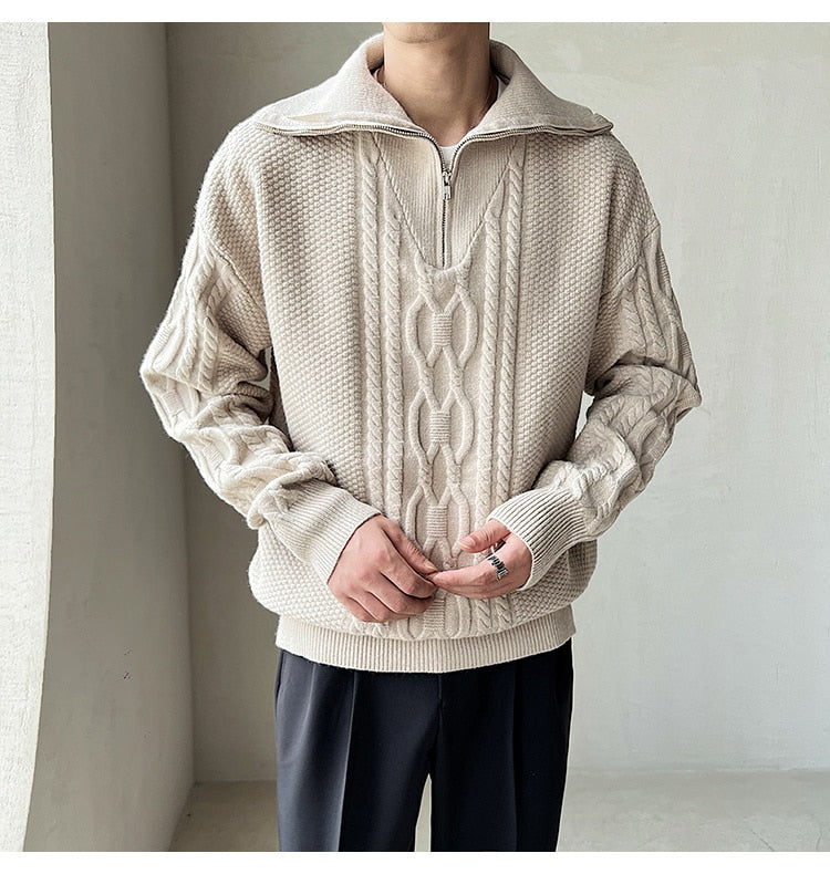 Bonsir High Quality Large Lapel Pullover Sweater Black White Coarse Zipper Knitted Sweater For Men Pull Homme Men Winter Sweater Brand