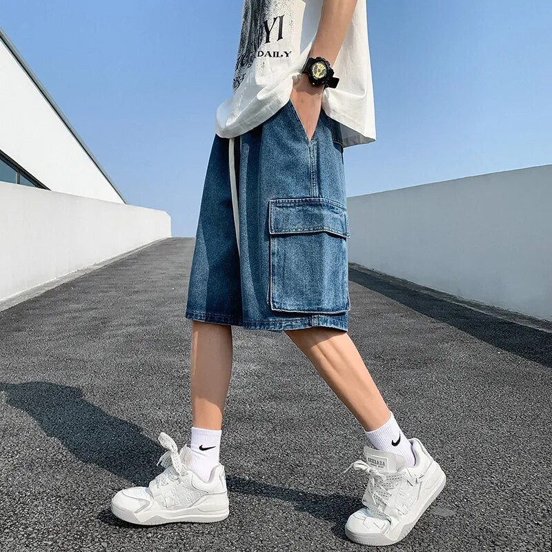 Bonsir Korean Summer Men's Wide Leg Denim Shorts New Fashion Loose Casual Elastic Waist Large Pocket Work Shorts Men's Brand Clothing