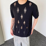 Bonsir Summer Hole Design Male Round Neck T-shirts Solid Color Short Sleeve Men's Knitted Tops 2023 New Korean Casual Trend