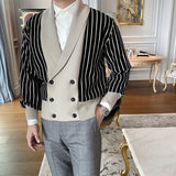 Bonsir Vintage Turn-down Collar Double-breasted Sweater Cardigans Men Winter Fashion Striped Patchwork Blazer Jackets For Mens Knit Top