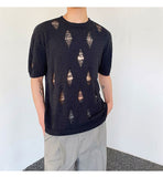 Bonsir Summer Hole Design Male Round Neck T-shirts Solid Color Short Sleeve Men's Knitted Tops 2023 New Korean Casual Trend