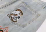 Bonsir High Street Flame Skull Embrodiery Vintage Denim Trousers Men's Distressed Washed Straight Baggy Oversized Jeans Pants