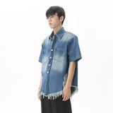 Bonsir High Street Men's Fashion Burrs Hole Denim Shirts Vintage Niche Desian Male Casual Short Sleeve Lapel Cardigan Coat