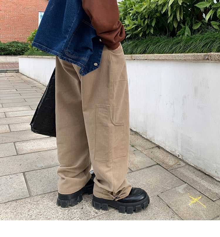 Bonsir Korean Loose Straight Pants Mens Trousers Oversized Cotton Cargo Pants Men Fashion Pocket Casual Pants Men Streetwear tide