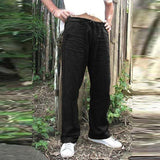 Bonsir Casual Men's Loose Solid Straight Pants Spring Summer Leisure Drawstring Pleated Mid Waist Tie-up Thin Beach Trouser Mens