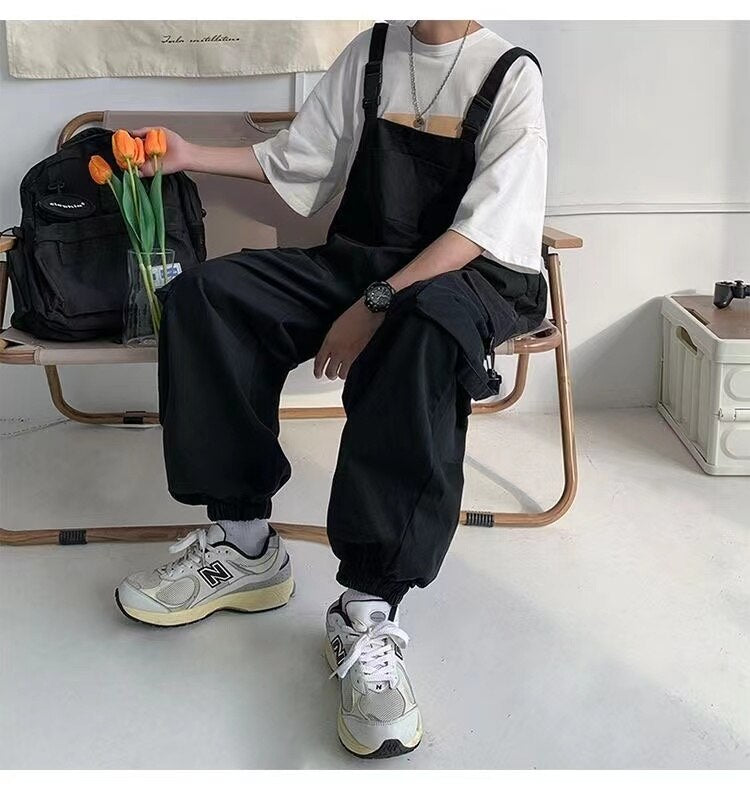 Bonsir  Men's Fashion Oversized Overalls College Style Salopettes Romper Jumpsuit Grey/black Color Casual Pants Loose Work Trousers