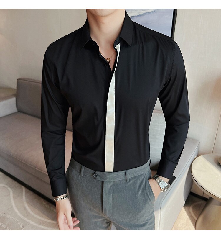 Bonsir Fashion Splicing Shirts Men Long Sleeve Slim Casual Shirt High Quality Business Dress Shirt Formal Social Party Tuxedo Blouse