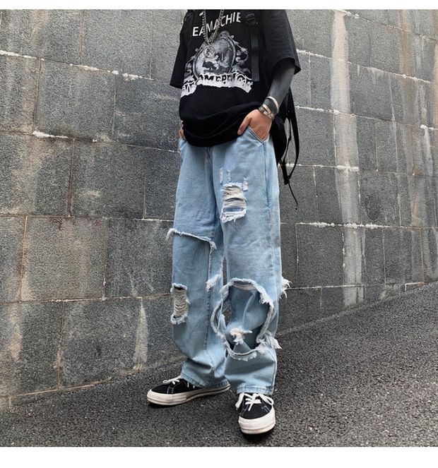 Bonsir High Street Dark Personality Destroys Raw Edge Fake Two Trendy Jeans Ripped Harajuku Punk Wide-leg Straight Denim Pants Black