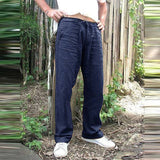 Bonsir Casual Men's Loose Solid Straight Pants Spring Summer Leisure Drawstring Pleated Mid Waist Tie-up Thin Beach Trouser Mens